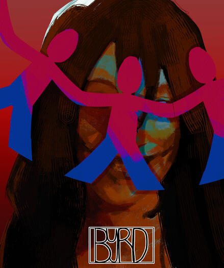 A drawing of my OC, Prof. Craven; her hair is long, and she has an unnaturally wide smile. A chain of cutout paper people is in front of her face, obscuring her eyes from view.