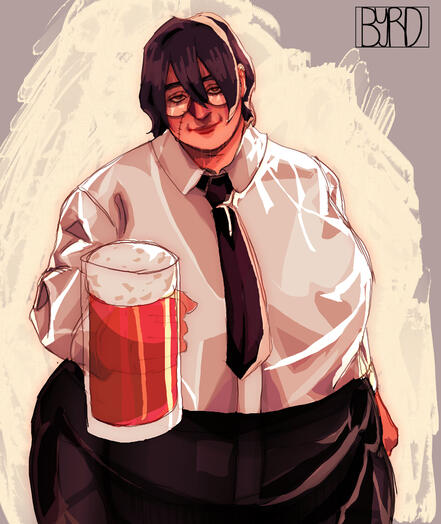 My OC doctor, Catalyst, is holding a mug of beer; she is wearing a button-up shirt, a tie, and slacks. She is smiling at the viewer, and the background is Leyendecker-style white brush strokes.