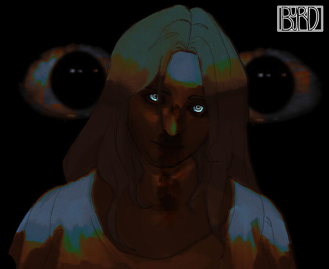 An image of my oc Prof Signal, she is looking at the viewer with a nosebleed, and behind her are eyes. The background is dark