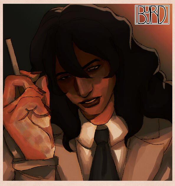 Dr. Ebisaki My oc, Dr. Ebisaki, is holding a cigarette with a grim expression. The background is dark and sepia.