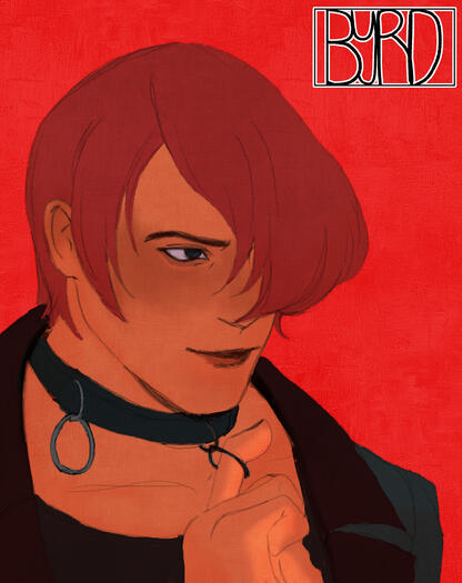 A portrait of Iori Yagami from King of fighters, he is wearing a collar with leash loops, having hooked his finger into one of the loops. He is smiling, his skin is darker than he is in canon. The background is a bright red with my signature in the top rig