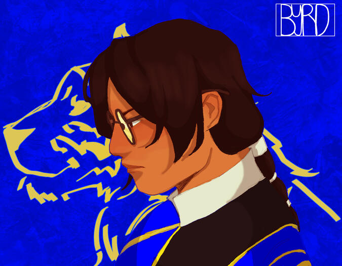 A drawing of Long from Bloody Roar. He is in his bloody Roar 3 attire, he is given darker skin than in canon. Behind him is a graffiti-style drawing of a tiger in yellow lines. The background is a saturated mid-toned blue. A faint texture is overlaid on th