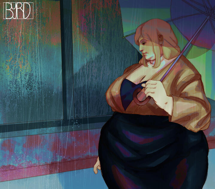 Prof Daydream is walking in the rain, holding an umbrella, and she is walking past a building.