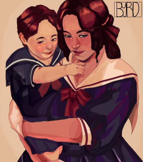 A drawing of a baby Vega in the arms of his mother.