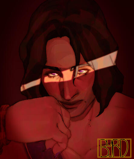 Vega resting his hand on his chin as he looks at the viewer with a focused expression. A single line of light casts over his face.