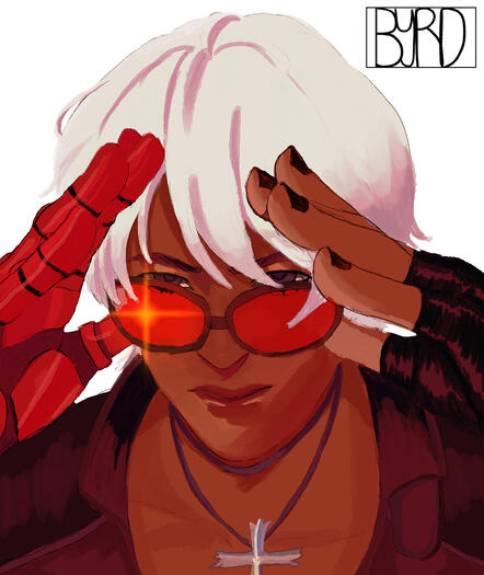 A drawing of K’ from King of Fighters, is a close-up portrait where his hands are in front of his face, his thumbs pulling down his glasses. He is staring forward with a focused and determined expression. There is a bright orange shine on the lens of his s