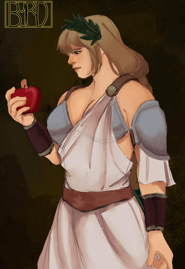 A drawing of Sophitia from Soul Calibur, she is in her Soul Calibur 3 attire, she is holding an apple and gazing down at it with a solemn smile. The background is dark, a mix of brown screens and yellows. The image depicts her from the thigh up, my signatu