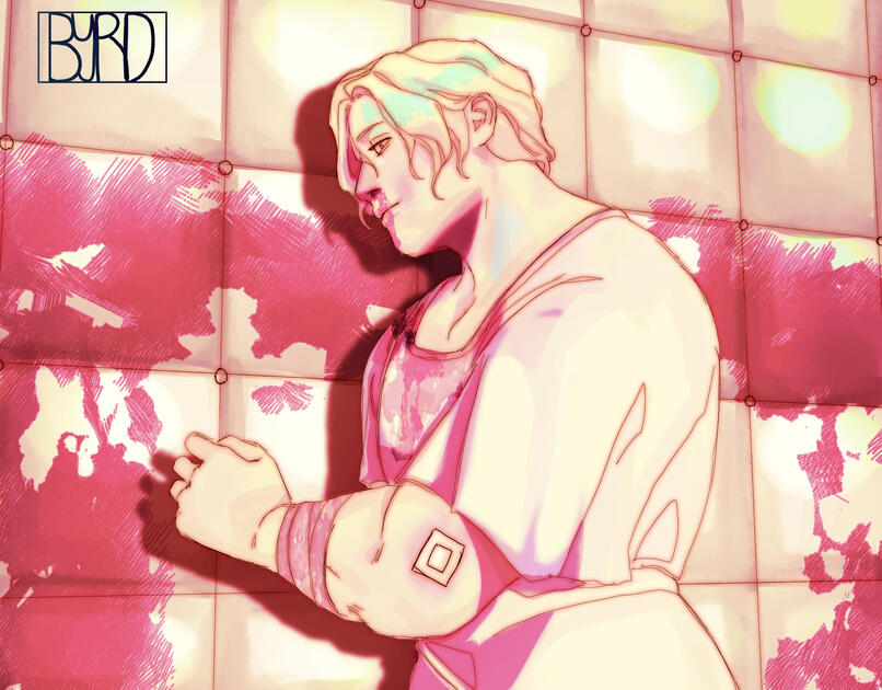 My OC Dr Vergo(they/he) in a padded room, with blood on the wall, his nose is bleeding and they have bandages and on their arms.