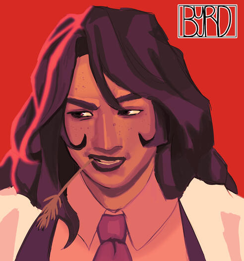 Professor Hound My original character, Professor Hound, with a piece of straw in her mouth while smiling. She is looking to the left and is lit by the red light.