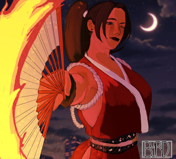 A drawing of Mai Shiranui holding her signature fan, she is sending Flames towards the viewer with a wink. She is being lit in the orange glow of the flames. The background is a night sky with a visible Crescent Moon. My signature is in the bottom right co