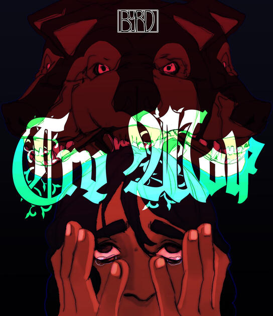 Cry Wolf My original character Wolfe, crying as a three-headed wolf, snarls above her. The text "Cry Wolf"